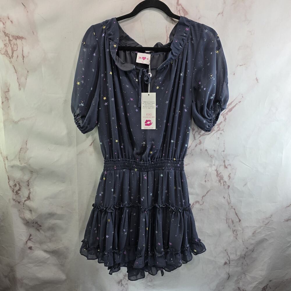 Buddy Love Dress Womens Small Blue Smocked Ruffle Star Celestial Clementine